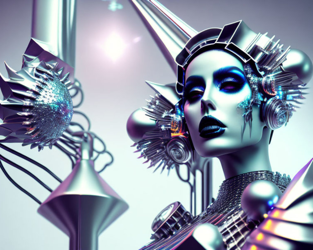 Futuristic female figure with robotic features and metallic headdress on purple backdrop