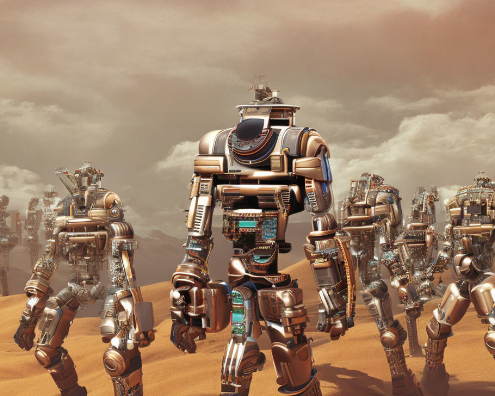 Three intricate robots walking in desert landscape with sand dunes and hazy sky