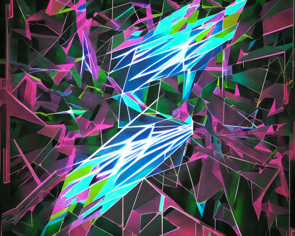 Abstract digital artwork: vibrant neon colors, geometric shapes of shattered glass or crystal formations