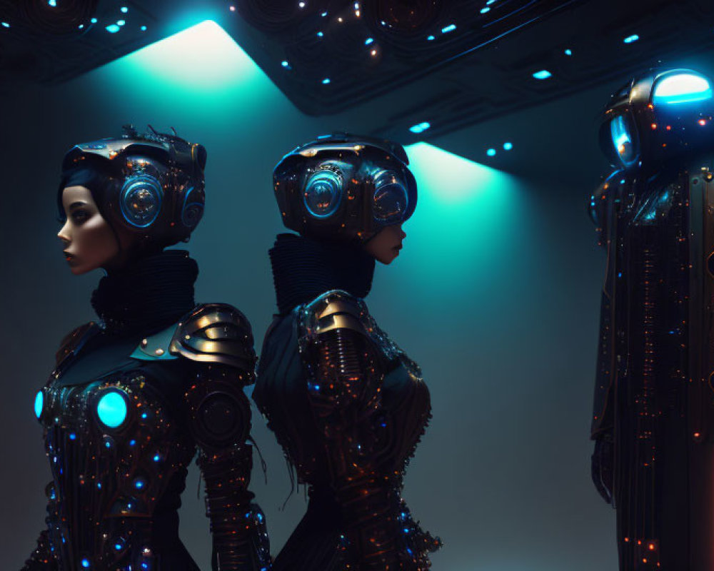 Futuristic androids with humanoid features under blue-tinted lighting