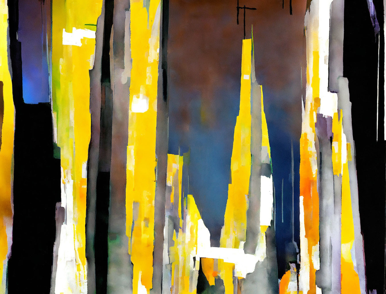 Vertical Stroke Abstract Painting in Yellow, Orange, and White on Dark Blue and Black Background