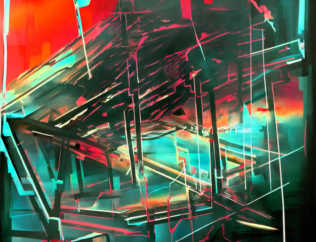 Vivid reds and greens in abstract artwork with angular lines and geometric shapes