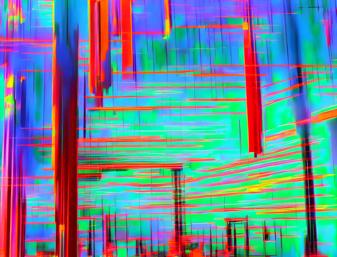 Vibrant neon glitch art with distorted lines in digital noise effect