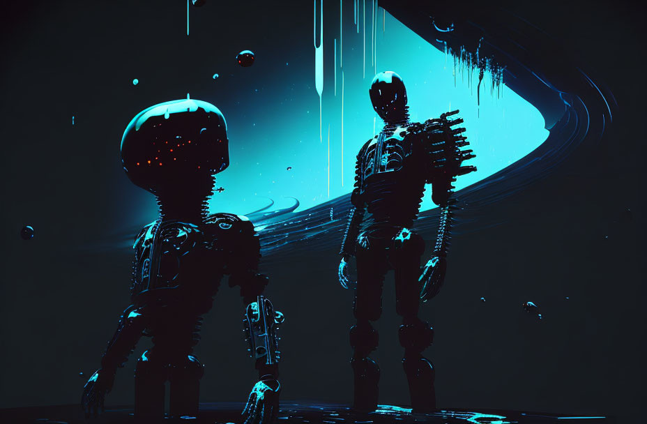 Neon-lit humanoid robots in dark environment with liquid strands and orbs