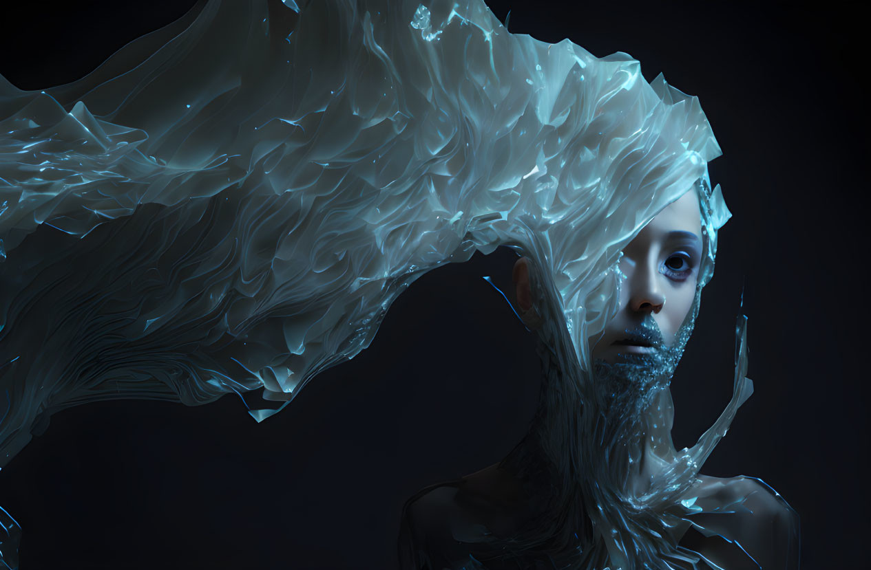 Surreal portrait of person with liquid headpiece in cool blue palette