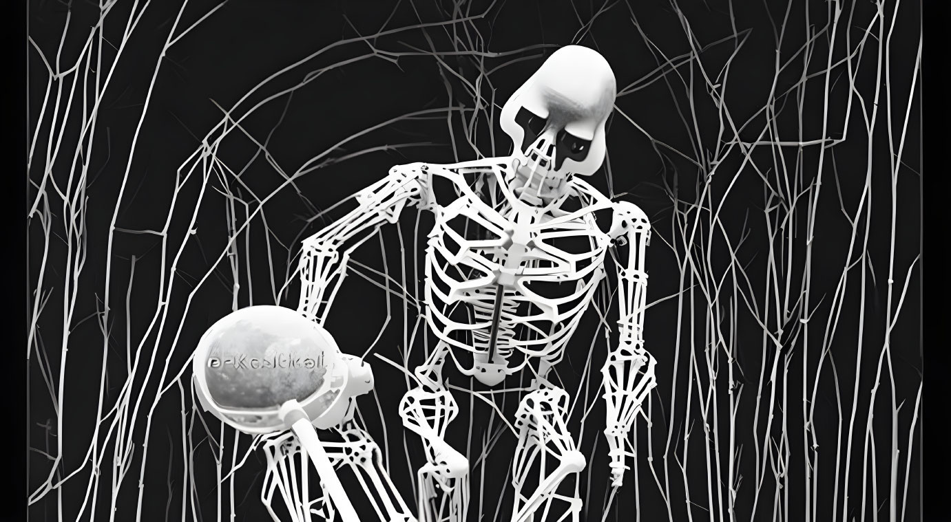 Human skeleton in contemplative pose with geometric orb among white branches on dark background