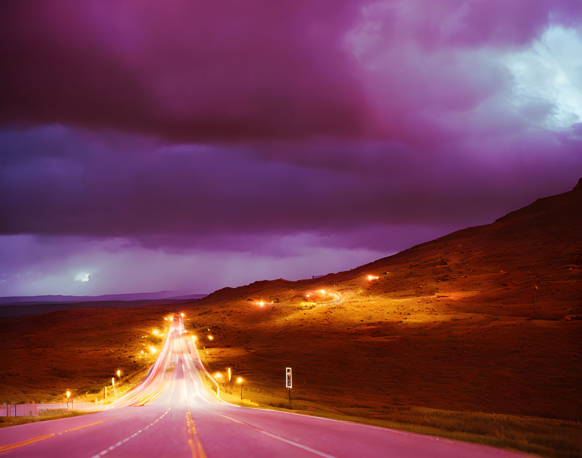 Twilight highway scene under stormy purple sky