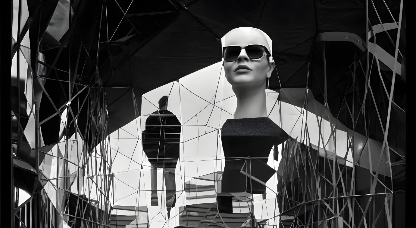 Monochromatic bald mannequin with sunglasses in chaotic geometric setting