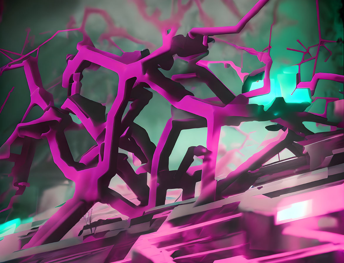 Neon-lit abstract environment with pink branches and greenish sky