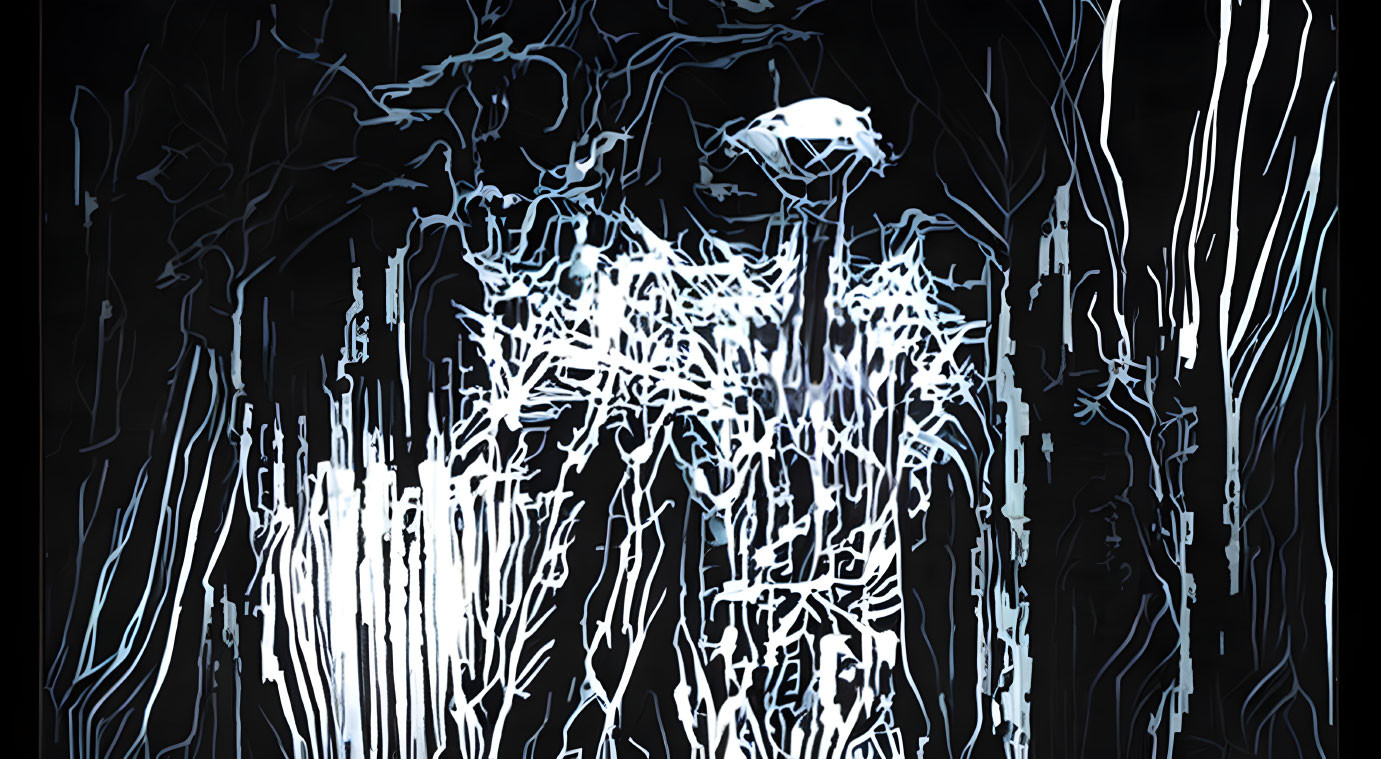 Monochromatic digital artwork of jellyfish-like form amidst wavy lines