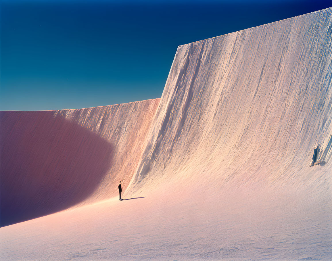 Solitary figure facing sharp-edged dune under clear blue sky