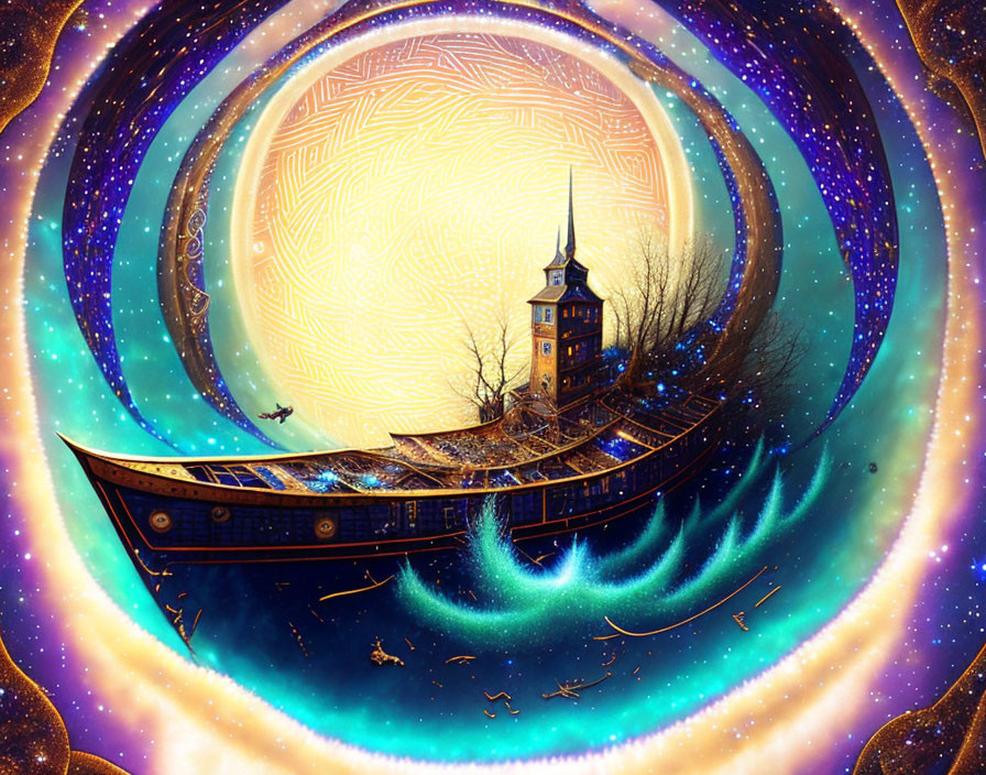 Sailing ship on waves under starry night sky with tower and golden swirls