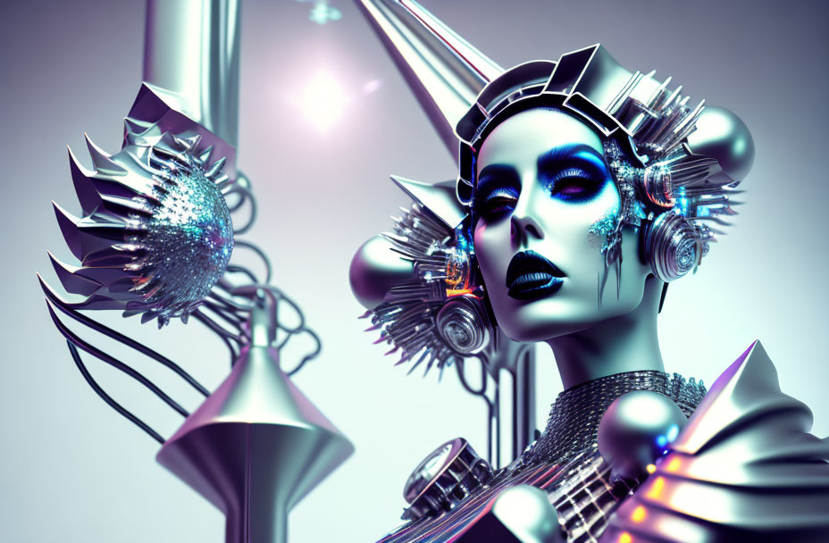 Futuristic female figure with robotic features and metallic headdress on purple backdrop