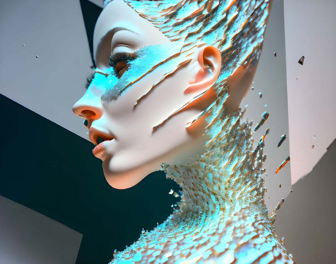 Futuristic 3D illustration of a woman with porcelain skin and fragmented features.