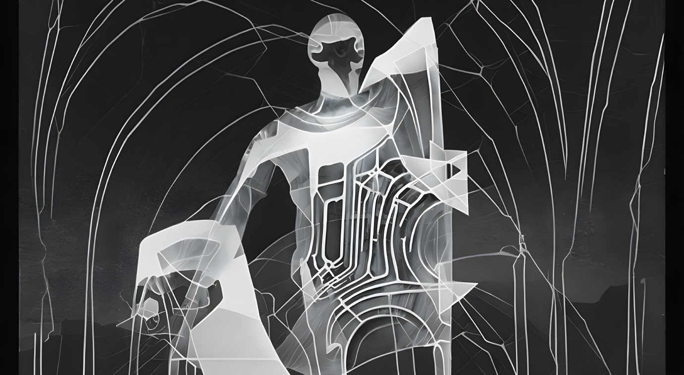 Monochrome humanoid figure with prominent head and chest in abstract art