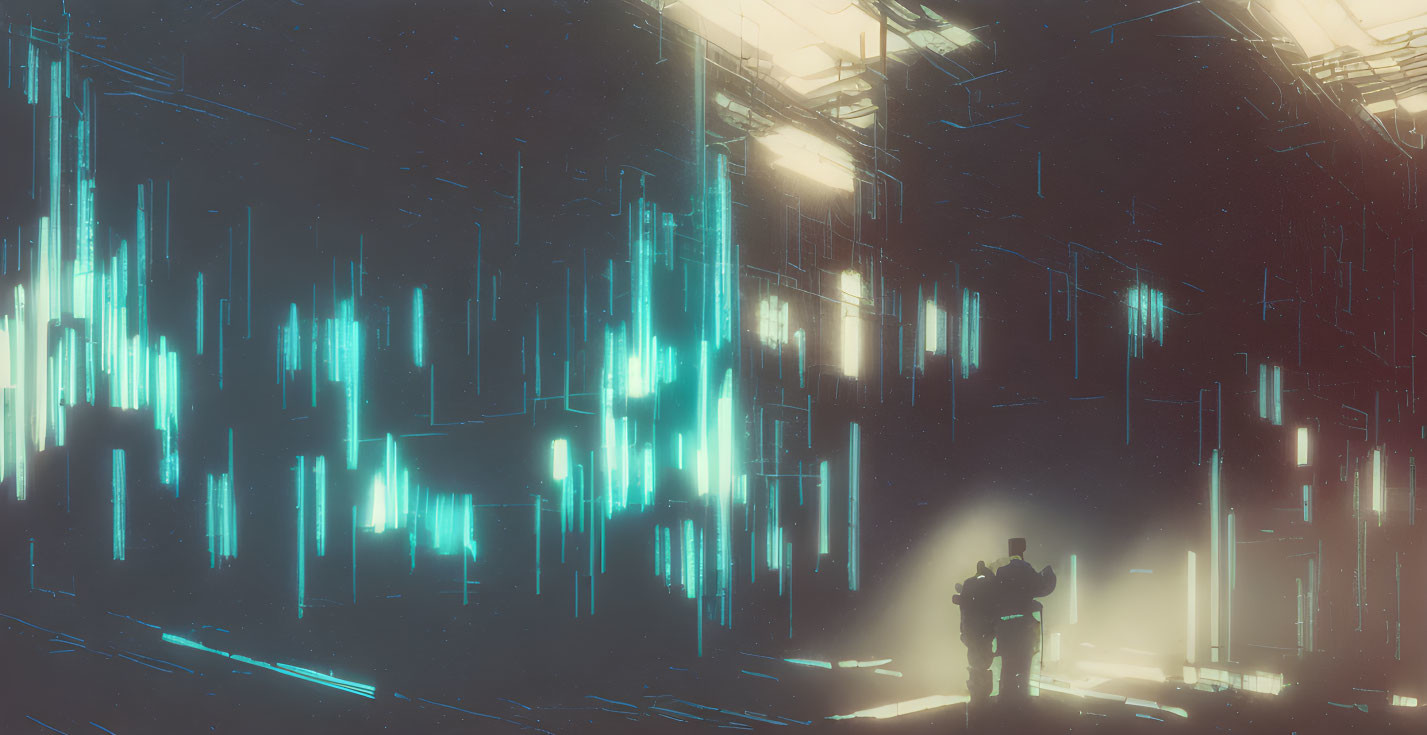 Futuristic scene with cybernetic structures and blue light.