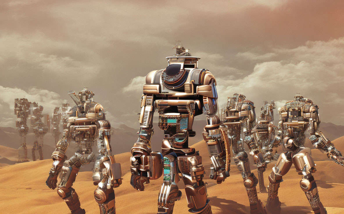 Three intricate robots walking in desert landscape with sand dunes and hazy sky