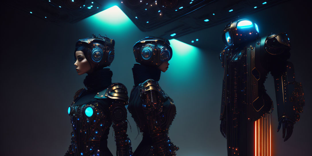 Futuristic androids with humanoid features under blue-tinted lighting