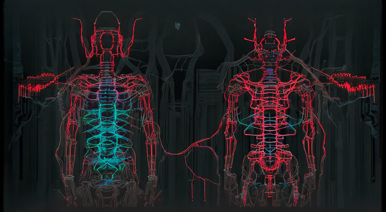 Stylized image of humanoid figures with neon outlines on dark background