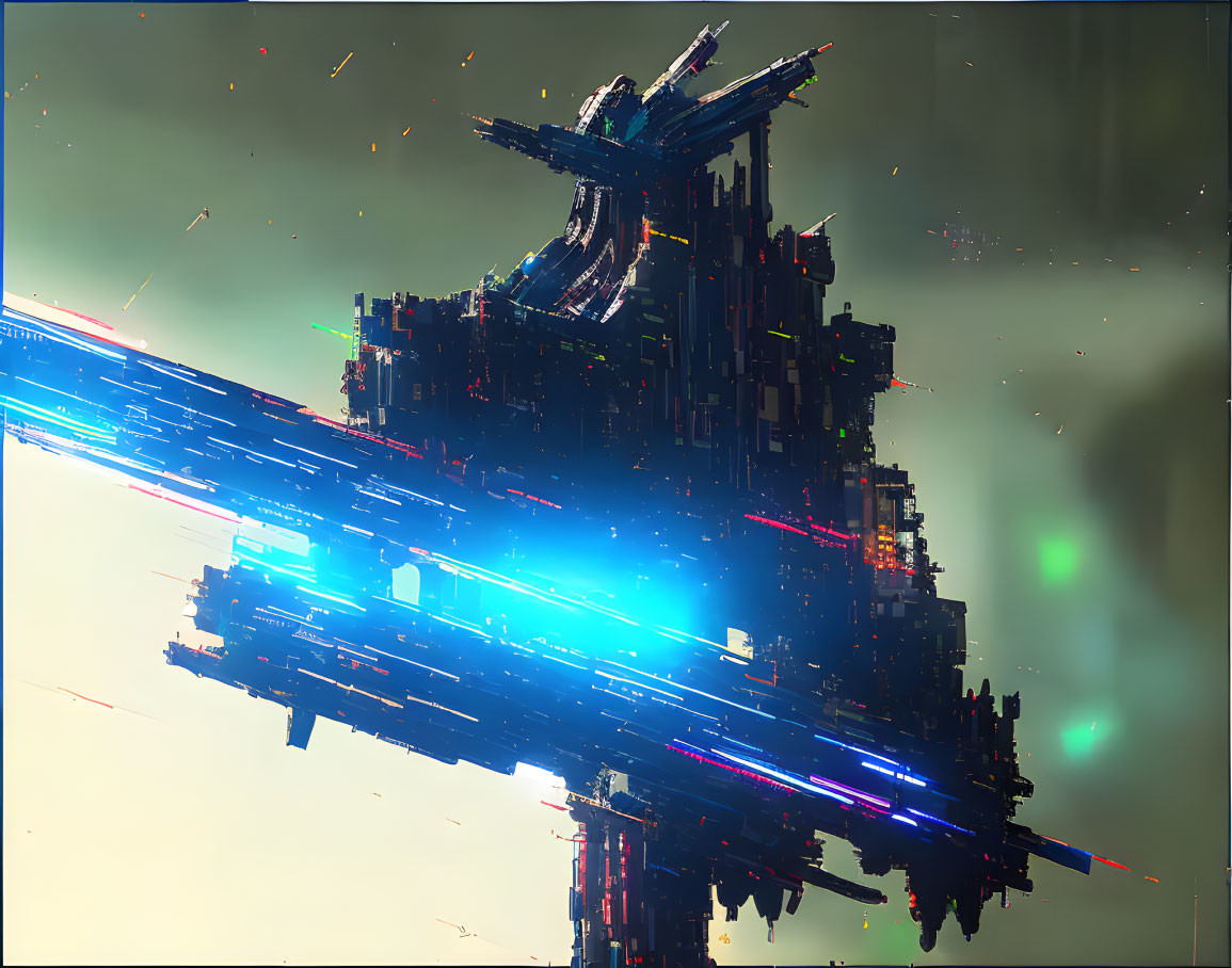 Complex Futuristic Spaceship Firing Blue and Red Beams in Space