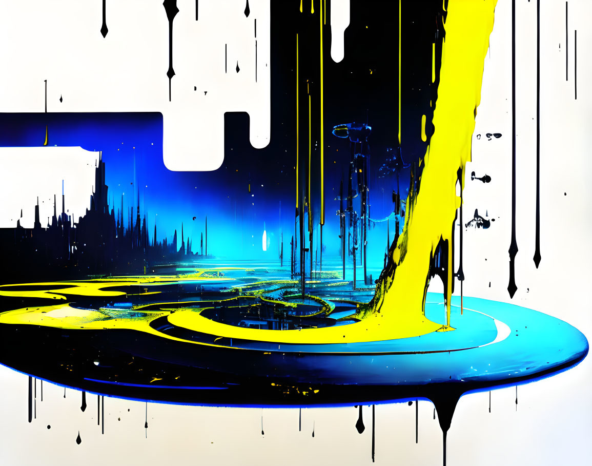 Vivid Yellow and Blue Abstract Art with Dynamic Drips and Splatters