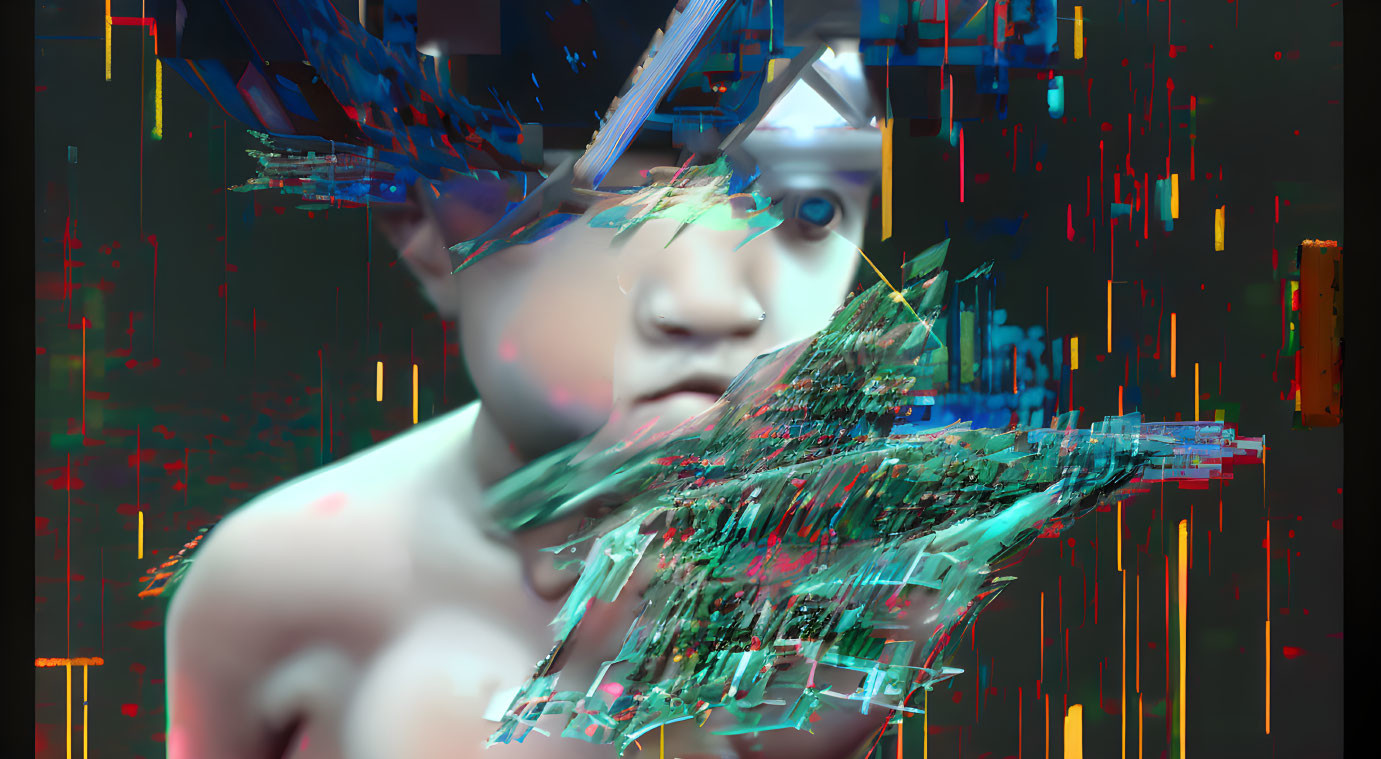 Fragmented glitching figure with human face in digital artwork