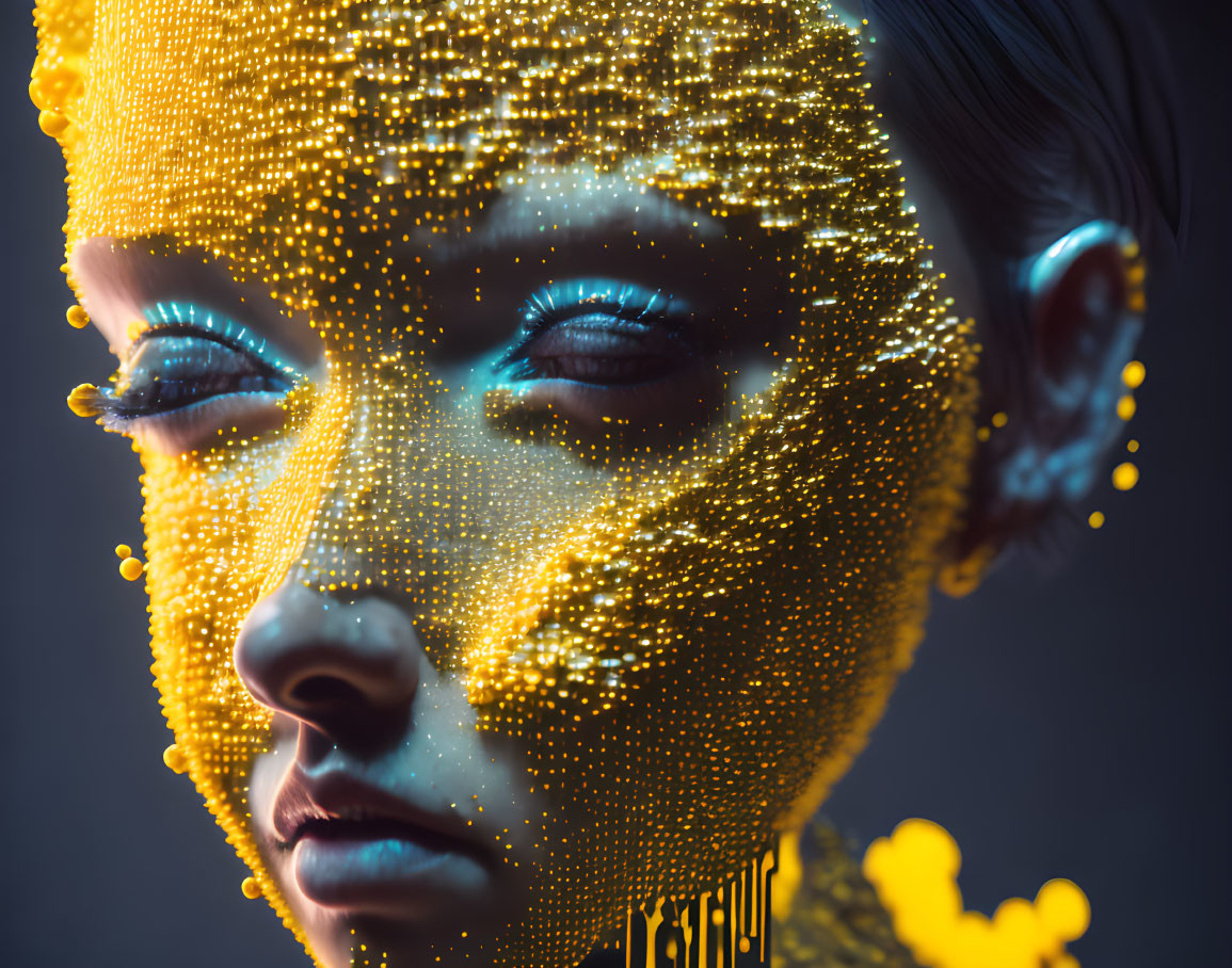 Close-up Digital Art Portrait with Golden Particle Effect