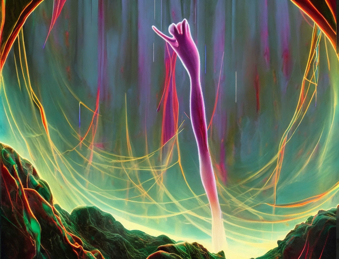 Surreal illustration of elongated arm in vibrant landscape