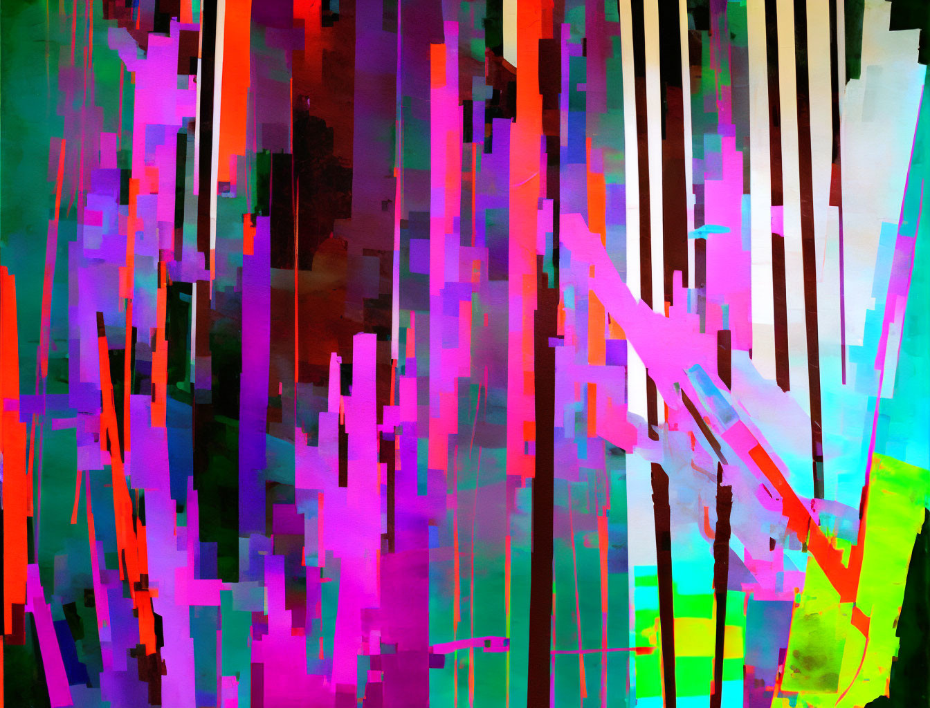 Colorful Abstract Painting with Pink, Teal, Purple, Black, and White Streaks