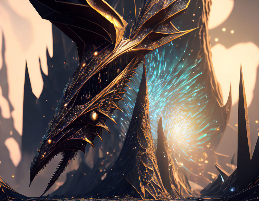 Golden-accented dragon with blue energy core on moody background