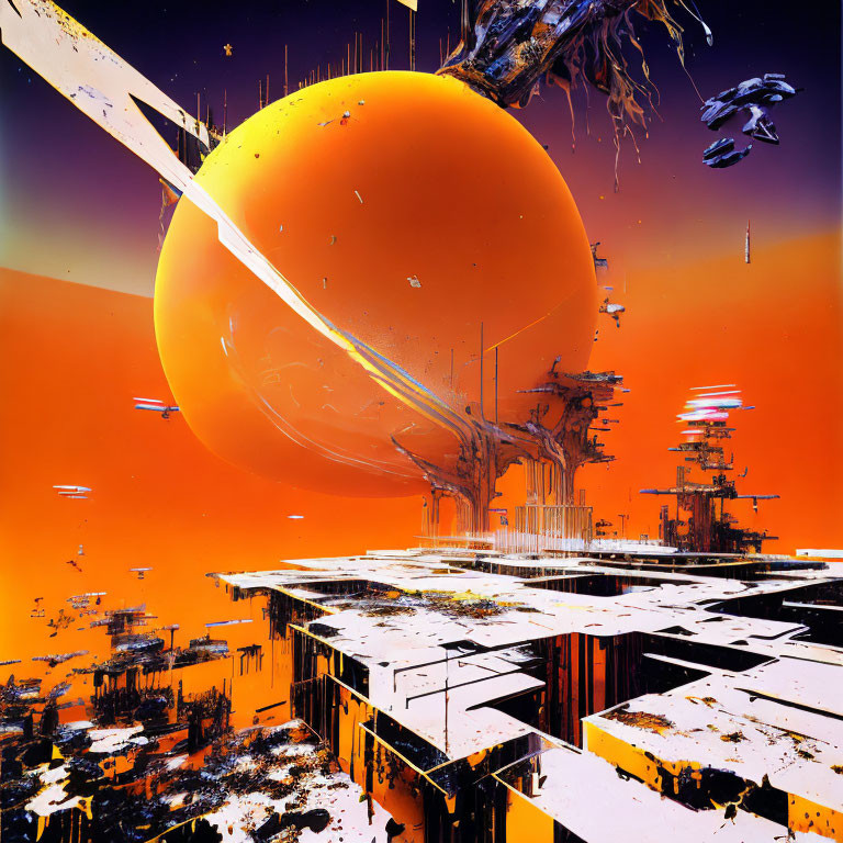 Futuristic cityscape on platform under orange planet & starry sky