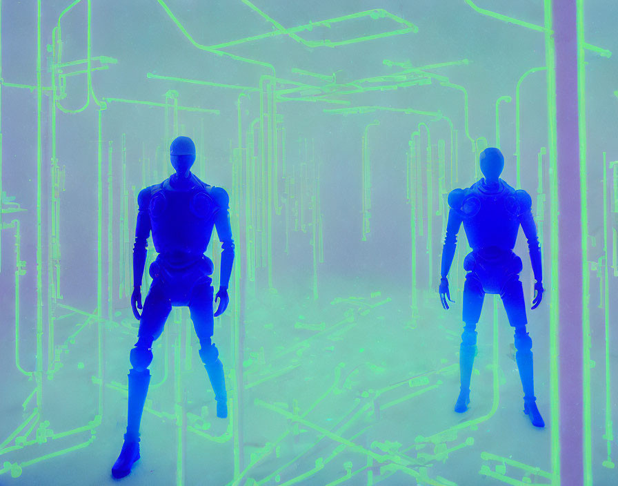 Neon-lit space with humanoid robots and abstract line patterns