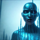 Blue-Toned Humanoid Face Underwater with Digital Appearance