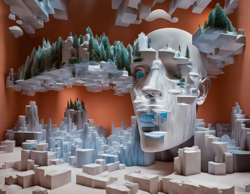 Fragmented Human Face in Surreal Art with Trees and Geometric Shapes on Orange Background