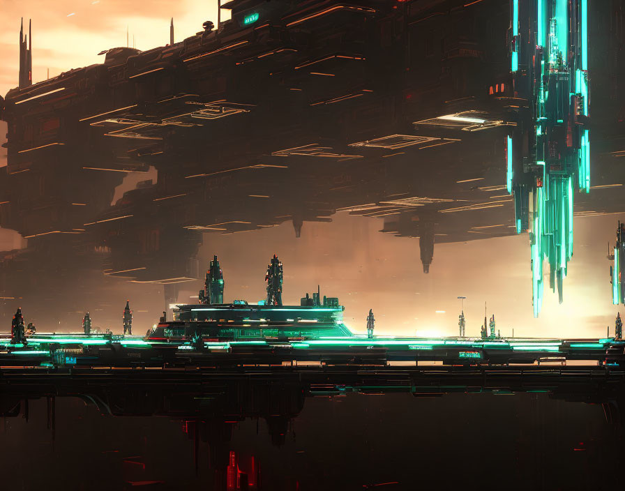 Futuristic cityscape with towering structures and neon lights