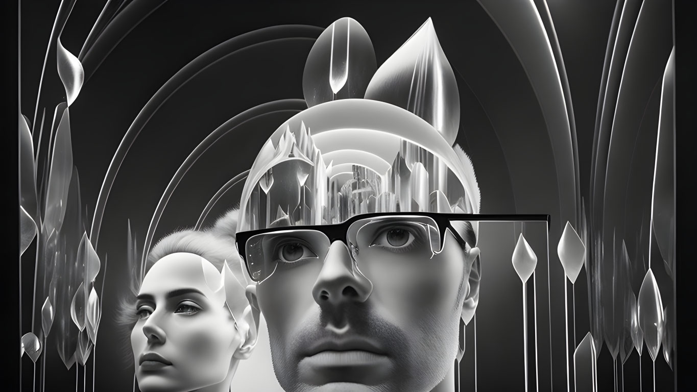 Monochrome digital artwork: Reflective human faces with glasses in abstract crystal shapes