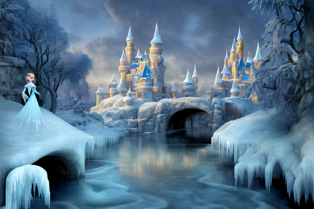 Woman in Blue Dress near Frozen River and Castle with Lit Windows