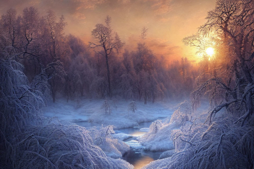 Snow-covered winter landscape: Frosty trees, sunset glow, and meandering stream