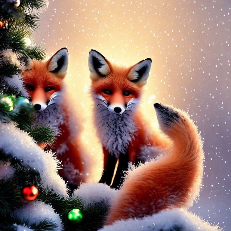 Illustrated red foxes in Christmas tree scene with falling snowflakes