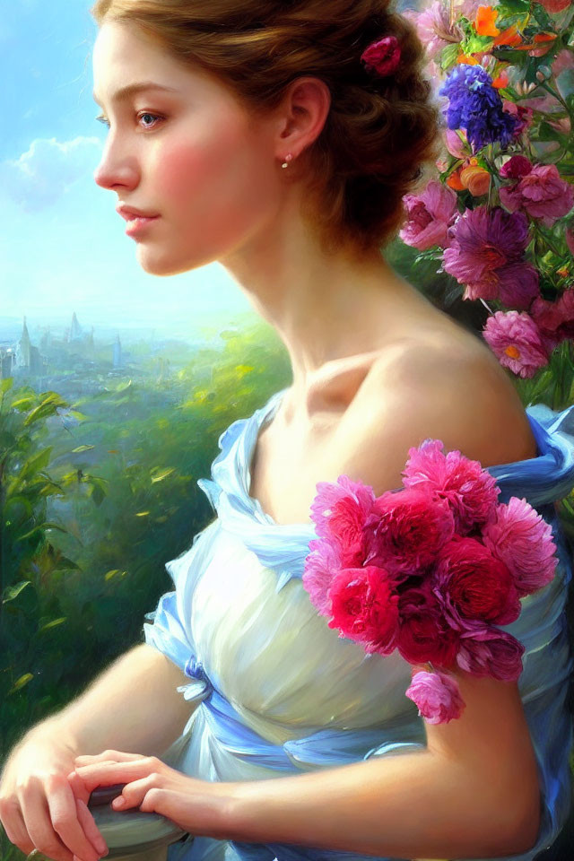 Woman in blue dress with pink flowers surrounded by lush flora and soft-lit landscape