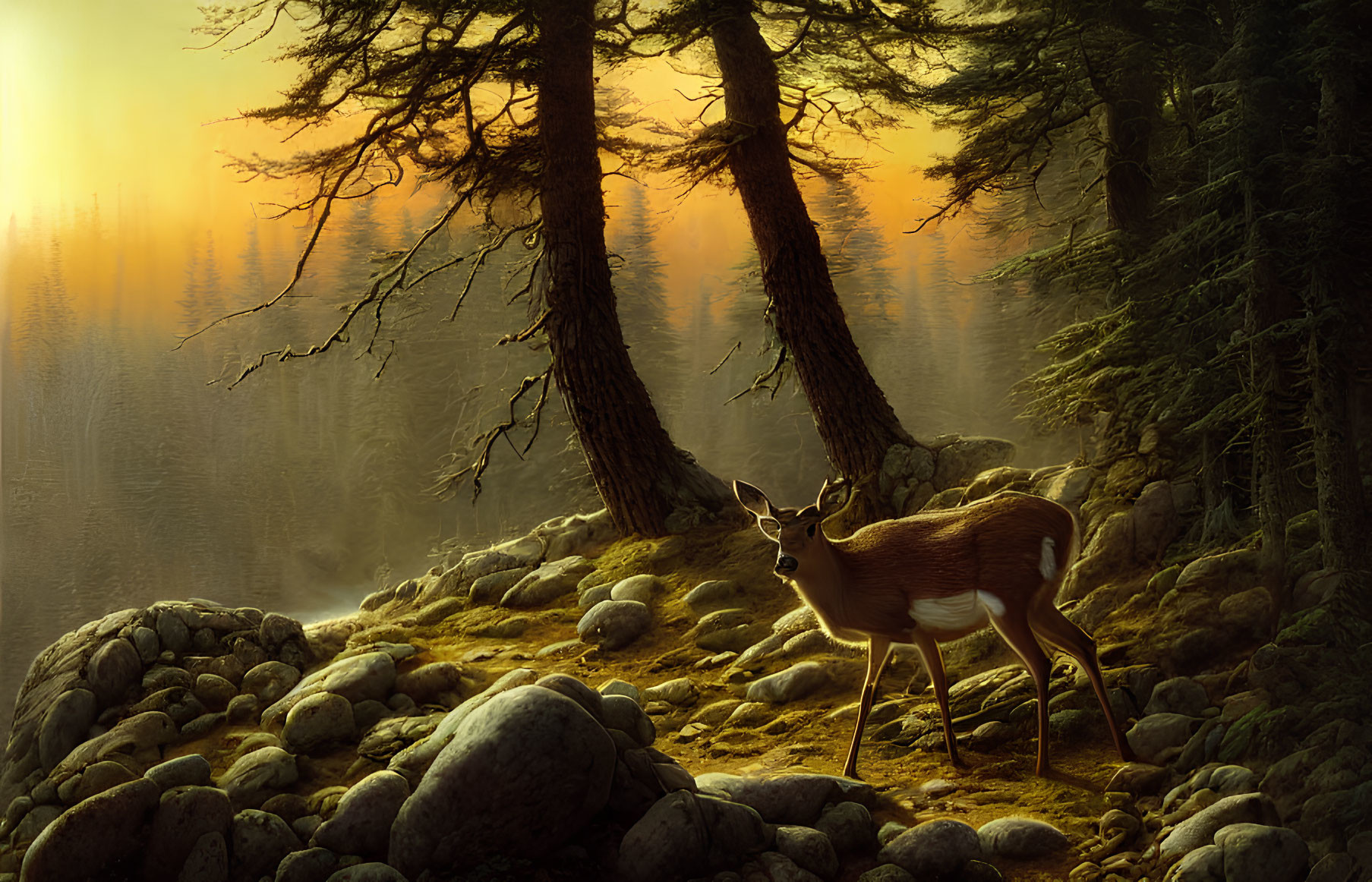 Tranquil forest landscape with deer, tall trees, stones, and sunrise