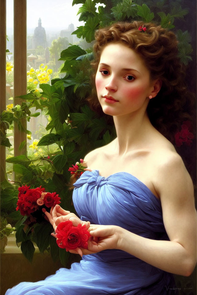 Young woman in blue dress holding red flowers by window with greenery and cityscape.