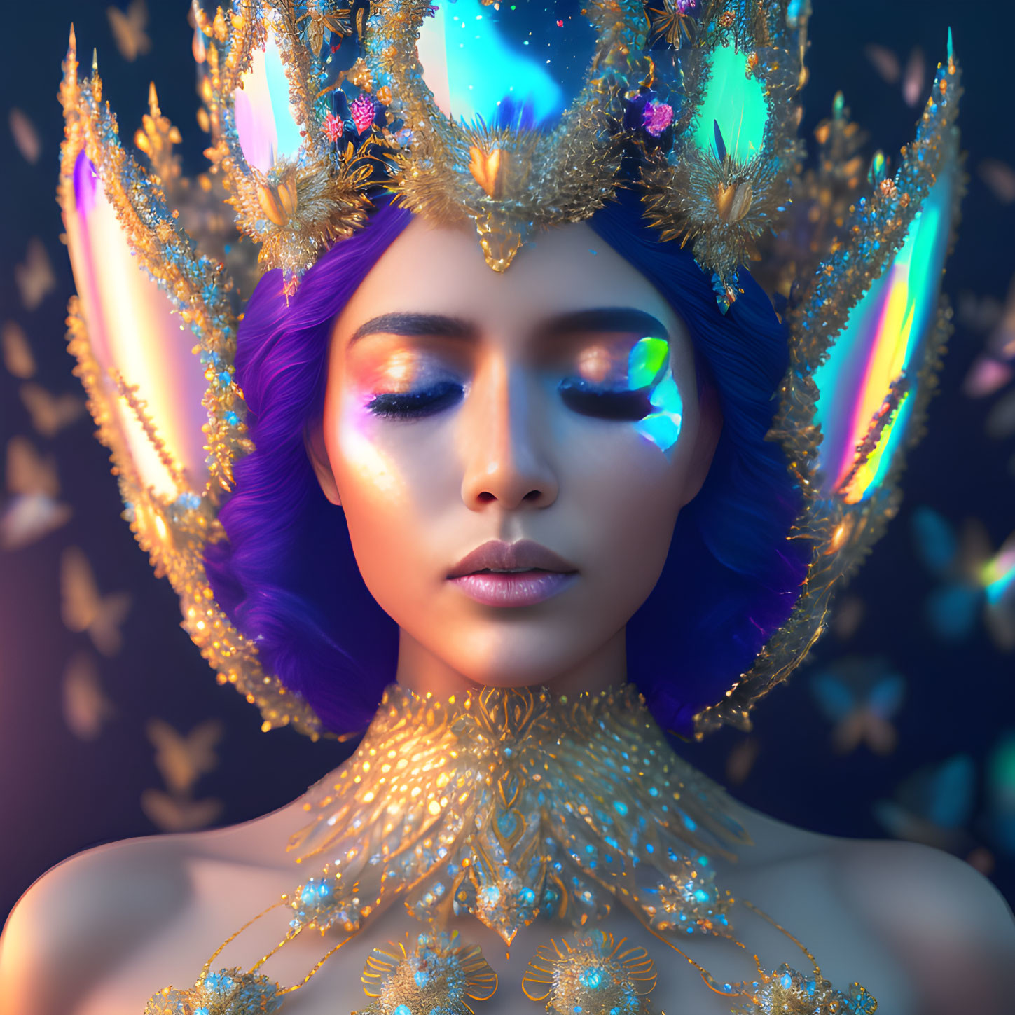 Digital art portrait of woman with blue and purple hair, wearing elaborate gold headdress with luminous jewels