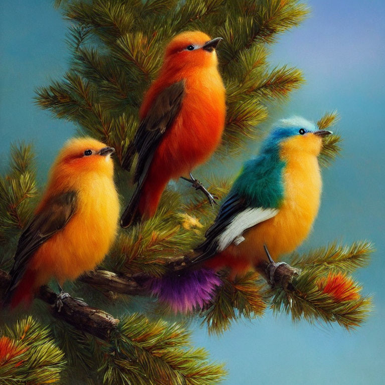 Three Vibrantly Colored Birds Perched on Pine Branch