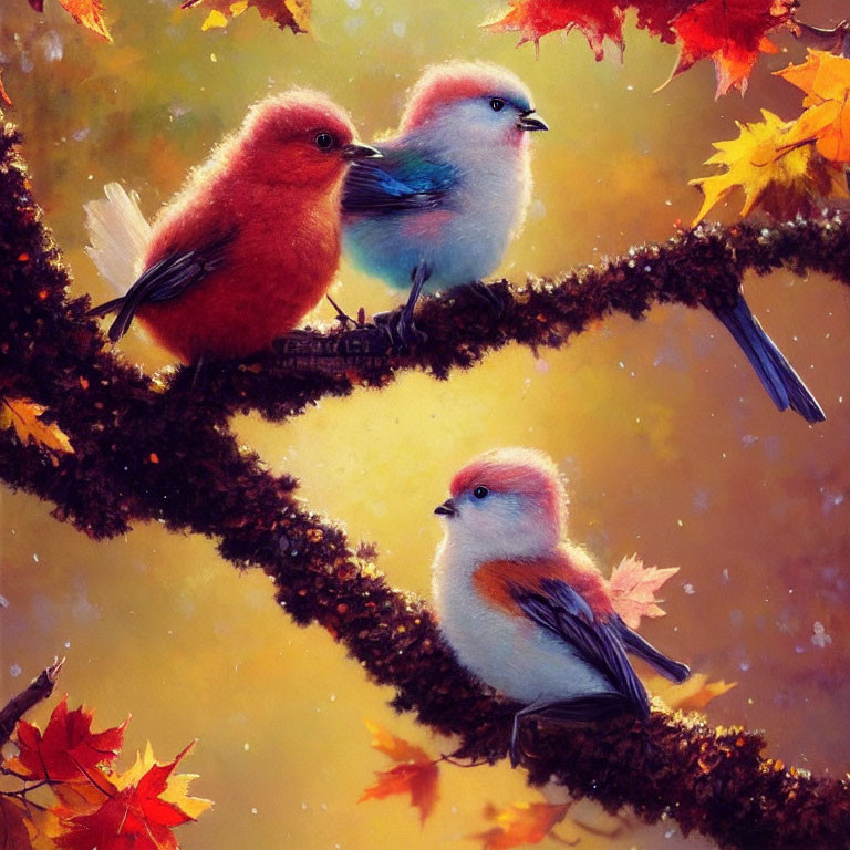 Colorful Birds Perched on Autumn Branch with Leaves