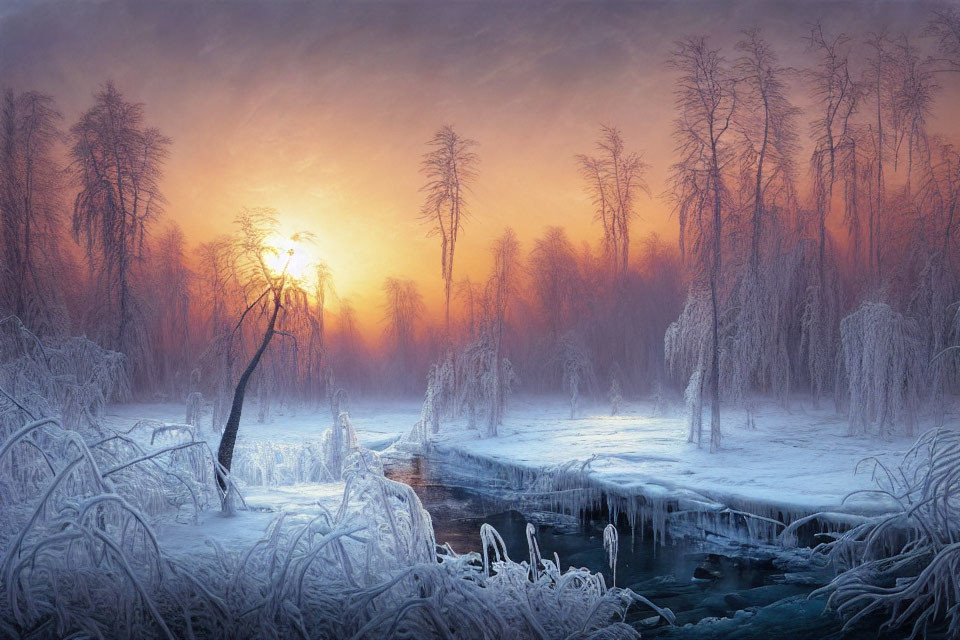 Frozen River and Frost-Covered Trees in Sunrise Winter Landscape