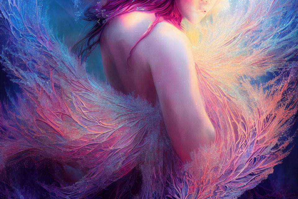 Vibrant blue and pink feather-like wings on a person against colorful background