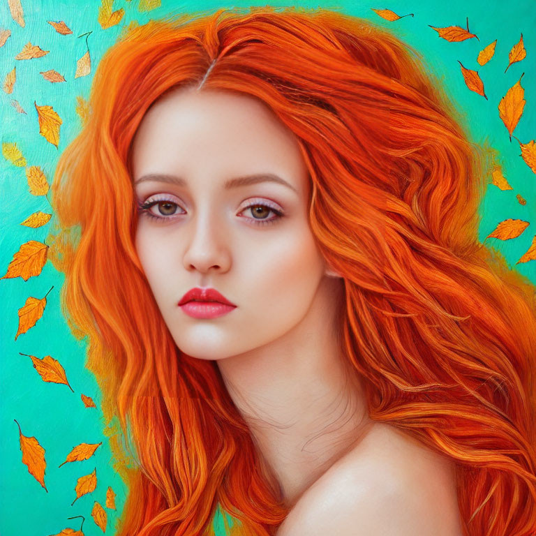 Vibrant orange-haired woman portrait on turquoise background with orange leaves