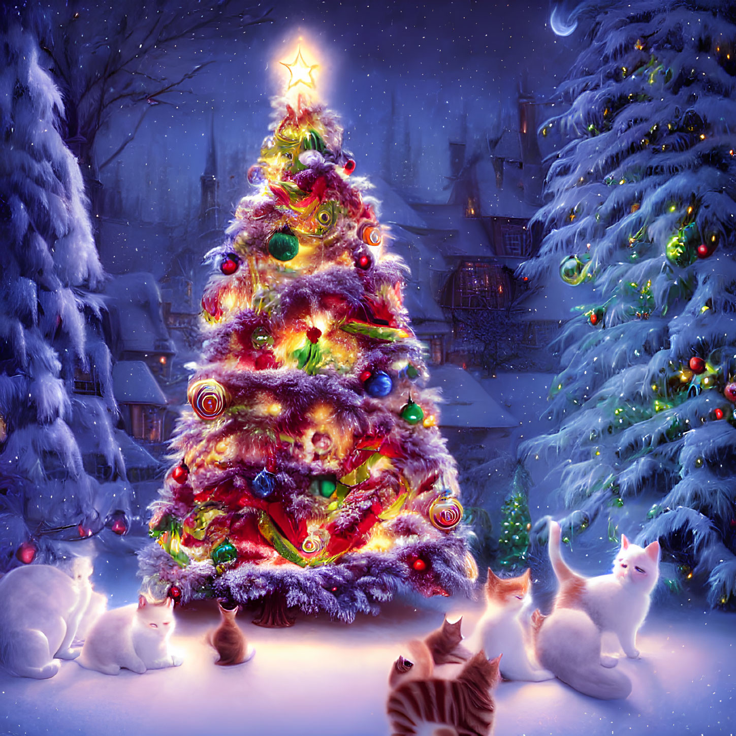 Colorful Christmas Tree with Ornaments and Kittens in Snowy Scene