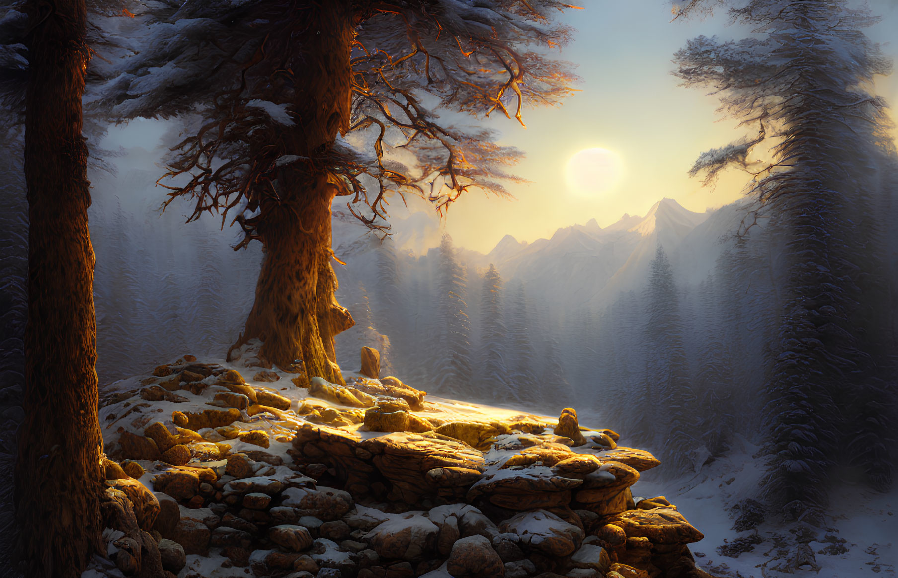 Snowy Forest and Mountain Peaks Winter Landscape at Sunrise